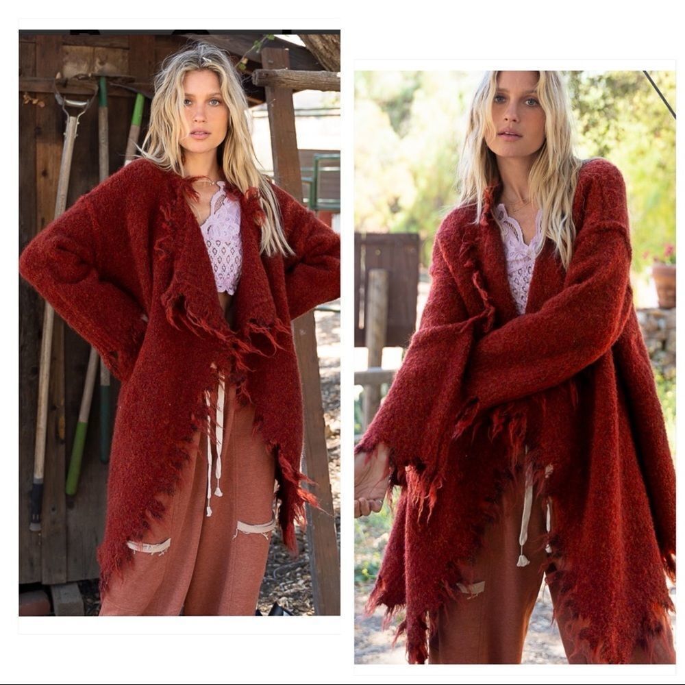 WOOL Blend Long cardigan with distressed Hemline in  Terracotta